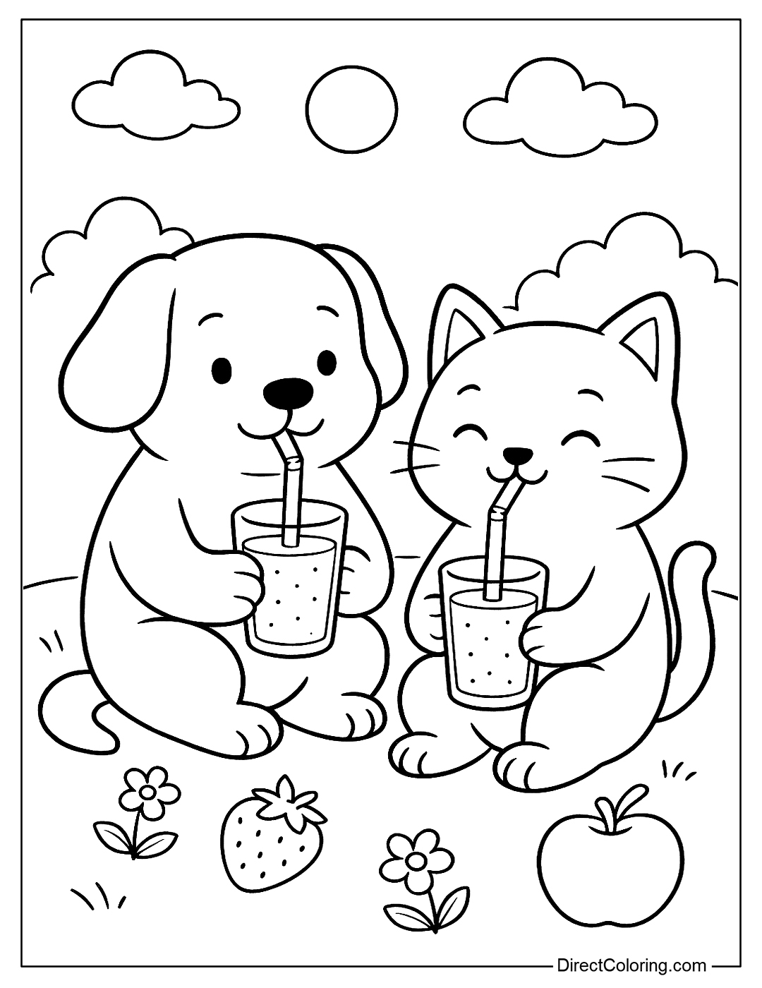 Dog And Cat Drinking Smoothie Coloring Page